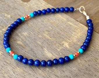 Lapis Lazuli Bracelet, Red Coral Bracelet, Turquoise Bracelet, Semi Precious Stone Gemstone Gold Plated Sterling Silver, Steel Wire Bracelet