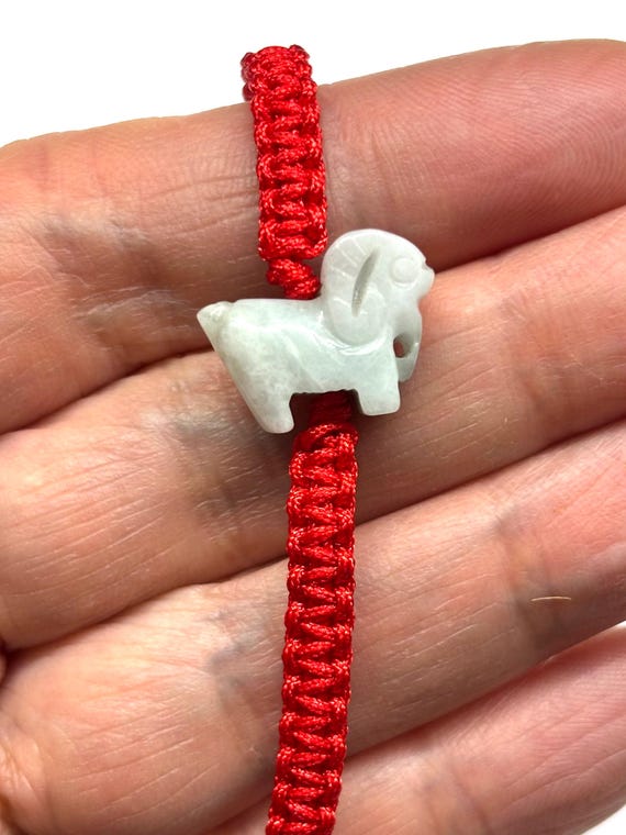 Jade Ram Bracelet, Chinese Lucky Bracelet, Good Luck Jade Goat Bracelet, Chinese Zodiac Carved Jade Sheep Adjustable Red Cord Bracelet