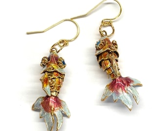 Vintage Enamel Fish Earrings, Chinese Cloisonné Fish Earrings, Vintage Chinese Cloisonné Enamel Fantail Fish from 80s, Enamel Earrings