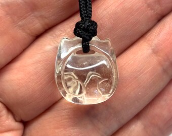 Clear Crystal Pendant, Clear Quartz Necklace, Clear Crystal Quartz Mokugyo Pendant, Fish-shaped Temple Drum 木魚 Gem Stone, Buddhist Jewellery