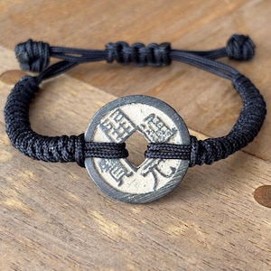 Antique Chinese Good Luck Old Coin Bracelet, Authentic Antique Chinese Old Coin Adjustable Black Cord Bracelet, Tang Dynasty Bronze Money