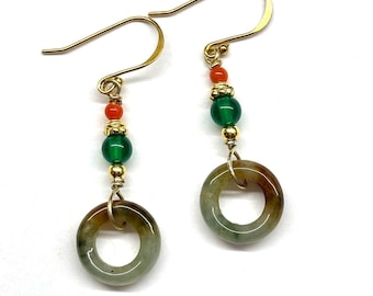 Jade Earrings, Jade Disc Earrings, Red Coral, Carved Jade Donut Chinese Safety Buckle 平安扣, Green Onyx, Gold-Plated Sterling Silver Earrings