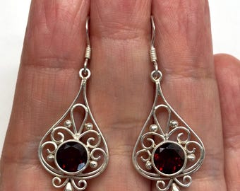 Red Garnet Earrings, Gem Stone Earrings, Semi Precious Stone, Gem Stone Jewellery, Round Shaped Garnet 925 Sterling Silver Filigree Earrings