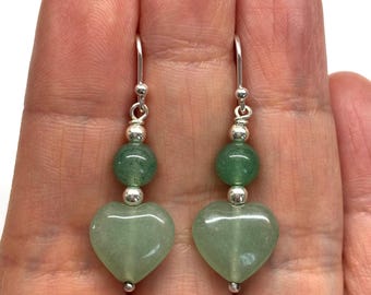 Green Aventurine Earrings, Love Earrings, Heart Earrings, Love Gift,  Heart Shaped Green Aventurine, 925 Sterling Silver Earrings, Gem Stone