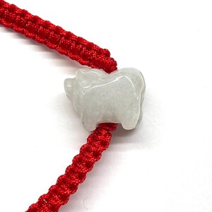 May include: A bracelet featuring a bright red woven cord and a single, carved, pale white stone charm in the shape of a pig. The cord is constructed with a series of interlocking knots, and the stone charm is smooth with a polished finish.