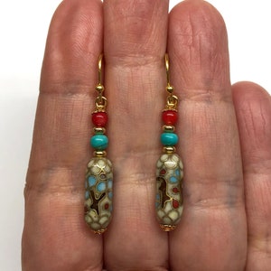 Chinese Cloisonne Earrings, Enamel Earrings, Chinese Earrings, Vintage Enamel Cloisonné Bead 80s, Red Sea Bamboo Bead, Turquoise Earrings