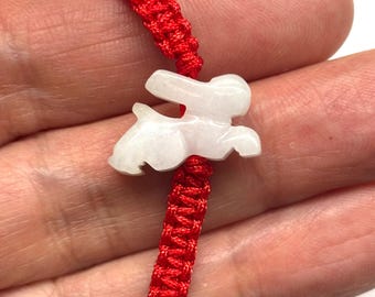 Jade Rabbit Bracelet, Chinese Lucky Bracelet, Good Luck Jade Bunny Bracelet, Chinese Zodiac Carved Jade Rabbit Adjustable Red Cord Bracelet