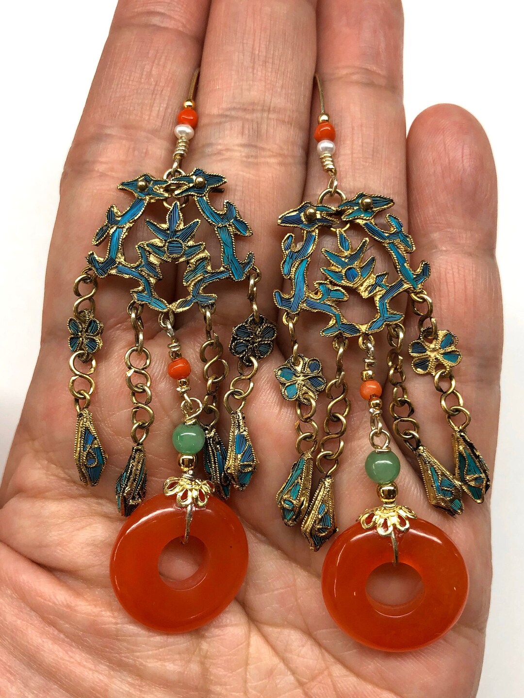 Antique Chinese Earrings, Kingfisher Feather Earrings, Antique Coral