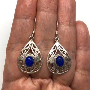 Lapis Earrings, Genuine Lapis Lazuli Earrings, Oval Shaped Deep Blue Lapis Lazuli 925 Sterling Silver Filigree Earrings, Gem Stone Earrings