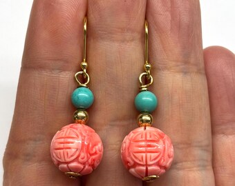 Turquoise Earrings, Longevity Earrings, Pink Blue Earrings, Carved Synthetic Coral Bead, Turquoise Bead Earrings, Birthday Gift, Gem Stone