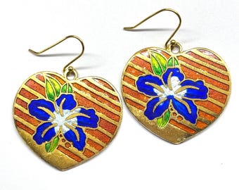 Pendientes de esmalte chino, pendientes de flores, pendientes de corazón, joyería vintage de esmalte, esmalte vintage con estampado floral de los años 80, pendientes de amor