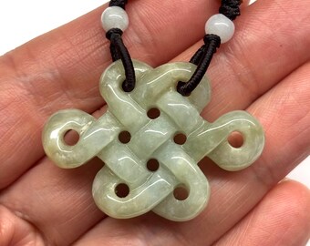 Carved Jade Pendant, Carved Green Jade Chinese Endless Knot Pendant 盤祥結, Green Jade Beads Adjustable Dark Brown Cord Necklace, Infinity Knot