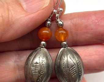 Chinese Silver Earrings, Red Carnelian Earrings, Vintage Chinese Silver 60s, Oval Shaped Chinese Silver Longevity Earrings, Birthday Gift