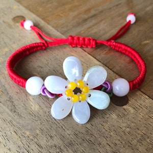 Jade Bracelet, Jade Flower Bracelet, Chinese Bracelet, Good Luck Bracelet, Lucky Bracelet, Carved Jade Flower Adjustable Red Cord Bracelet