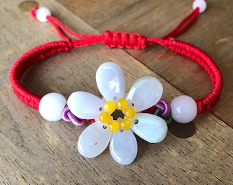 Jade Bracelet, Jade Flower Bracelet, Chinese Bracelet, Good Luck Bracelet, Lucky Bracelet, Carved Jade Flower Adjustable Red Cord Bracelet