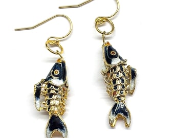 Good Luck Gold Fish Earrings, Movable Fish Earrings, Chinese Cloisonne Fish Earrings, Vintage Chinese Enamel Koi Fish from 80s Earrings