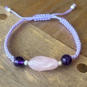 Rose Quartz Bracelet, Amethyst Bracelet, Gem Stone Bracelet, Love Jewellery, Amethyst Sterling Silver Adjustable Lavender Cord Bracelet
