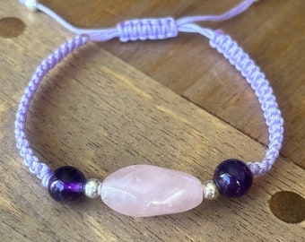 Rose Quartz Bracelet, Amethyst Bracelet, Gem Stone Bracelet, Love Jewellery, Amethyst Sterling Silver Adjustable Lavender Cord Bracelet