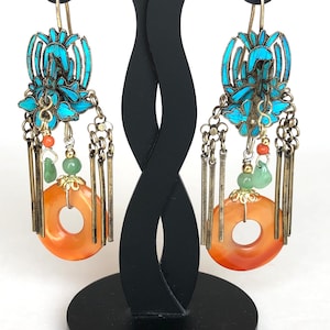 Antique Chinese Earrings, Kingfisher Feather Earrings, Antique Carnelian Safety Buckle, Tian-tsui 點翠 Earrings, Qing Dynasty Jade Earrings