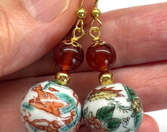 Chinese Porcelain Dragon Phoenix Earrings, Vintage Chinese Dragon Porcelain Chinese Phoenix 鳳凰 70s, Wedding Earrings, Red Carnelian Earrings