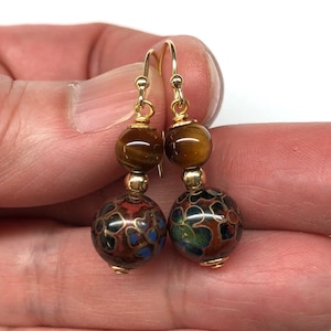 Chinese Cloisonne Earrings, Yellow Tiger Eye Earrings, Enamel Earrings, Vintage Chinese Floral Pattern Cloisonné Bead from 70's Earrings