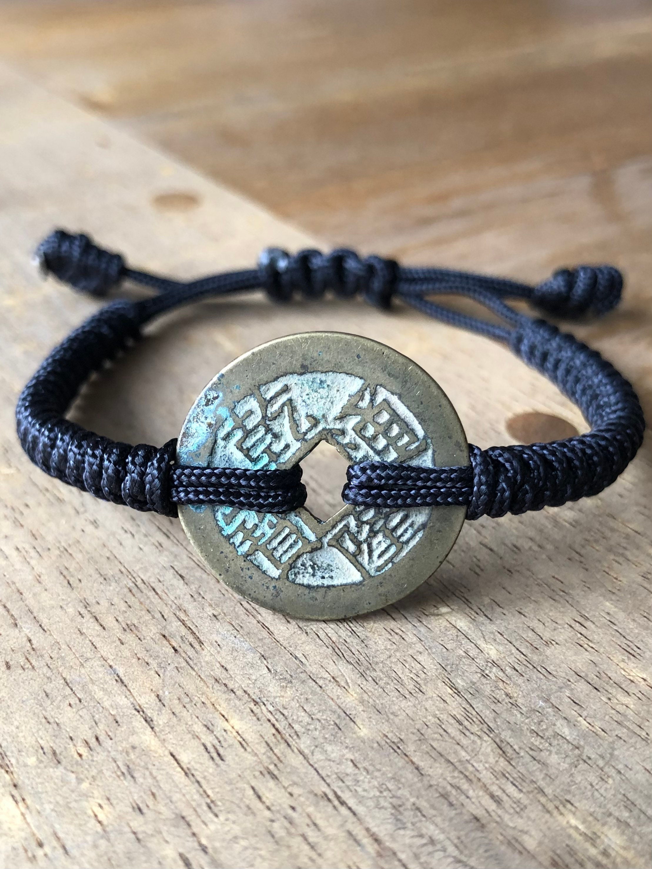 Antique Good Luck Chinese Old Coin Bracelet, Authentic Qing