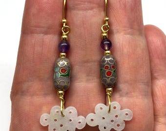 Jade Earrings, Chinese Cloisonne Earrings, Carved Jade Endless Knot, Enamel Earrings, Purple Amethyst Earrings, Vintage Floral Cloisonne 80s