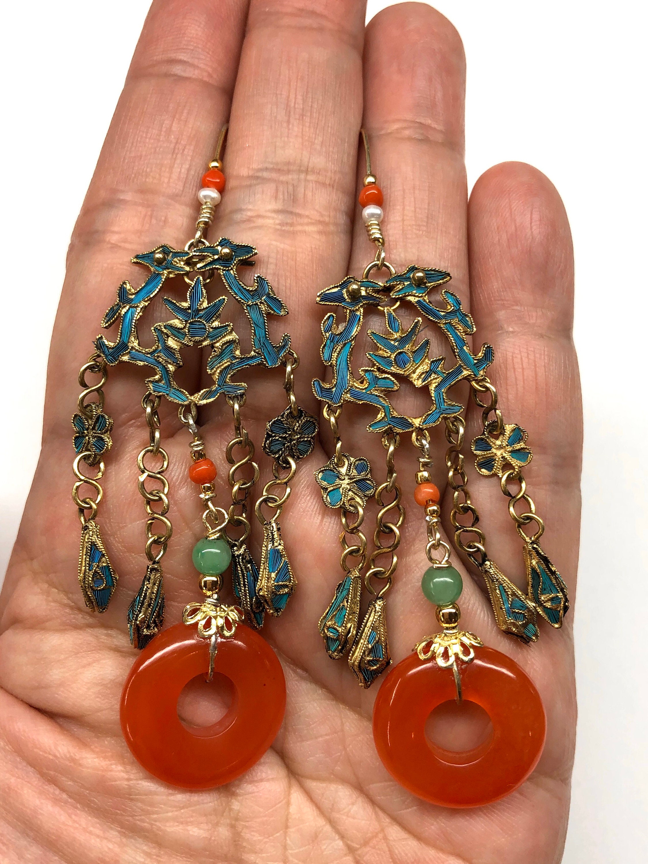Antique Chinese Earrings, Kingfisher Feather Earrings 