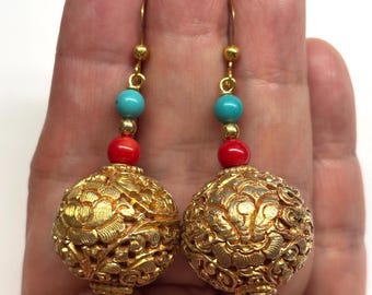 Nepal Earrings, Nepalese Earrings,  Turquoise Earrings, Carved Nepalese Bead, Turquoise, Sea Bamboo Earrings, Bridal, Wedding Earrings