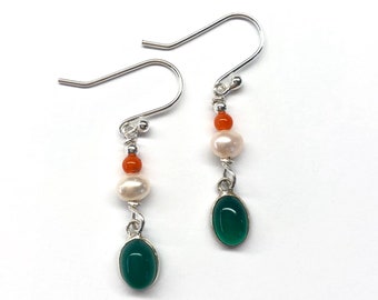 Green Agate Earrings, Coral Earrings, Mini Earrings Oval Shaped Green Onyx, Genuine Coral, Genuine Freshwater Pearl Sterling Silver Earrings