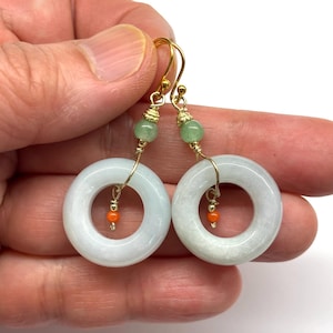 Jade Earrings, Jade Donut, Jade Hoop, Genuine Coral Earrings, Green Jade Earrings, Natural Jade Loop Gold Plated Sterling Silver Earrings
