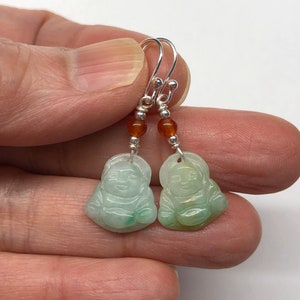 Jade Earrings, Jade Buddha Earrings, Jade Happy Buddha, Jade Smiling Buddha, Carved Green Jade Laughing Buddha 925 Sterling Silver Earrings