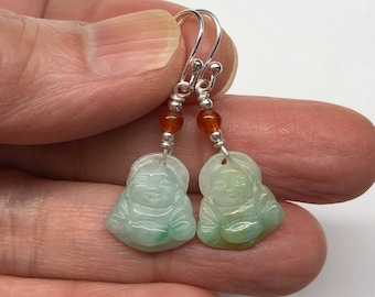 Pendientes de jade, pendientes de Buda de jade, Buda feliz de jade, Buda sonriente de jade, pendientes de Buda sonriente de jade verde tallado en plata de ley 925