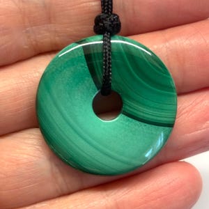 Genuine Malachite Necklace, Green Malachite Disc Necklace, Malachite Donut Necklace, Malachite Safety Buckle Adjustable Black Cord Necklace