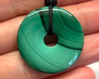 Genuine Malachite Necklace, Green Malachite Disc Necklace, Malachite Donut Necklace, Malachite Safety Buckle Adjustable Black Cord Necklace