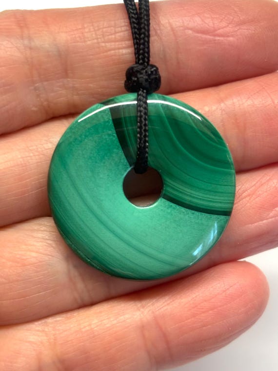 Genuine Malachite Necklace, Green Malachite Disc Necklace, Malachite Donut Necklace, Malachite Safety Buckle Adjustable Black Cord Necklace