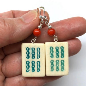 Carved Mahjong Earrings, Carved Ox Bone Mahjong Tile Chinese Six Bamboo Earrings, 6 Bamboo Tile, Sea Bamboo Bead, Sterling Silver Earrings