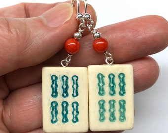 Carved Mahjong Earrings, Carved Ox Bone Mahjong Tile Chinese Six Bamboo Earrings, 6 Bamboo Tile, Sea Bamboo Bead, Sterling Silver Earrings