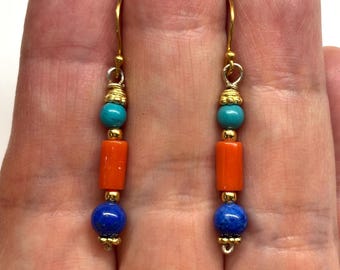 Turquoise Earrings, Lapis Earrings, Coral Earrings, Turquoise, Lapis Lazuli, Tube Shaped Coral Gold Plated Sterling Silver Earrings