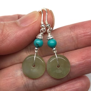 Jade Earrings, Jade Disc Earrings, Carved Green Jade Donut Chinese Safety Buckle 平安扣, Genuine Turquoise Bead 925 Sterling Silver Earrings