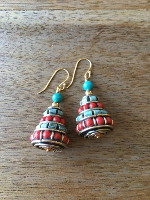 Turquoise Earrings Turquoise Jewellery Nepalese Earrings Nepali Earrings Natural Turquoise and Colourful Glass Bead Earrings Etsy