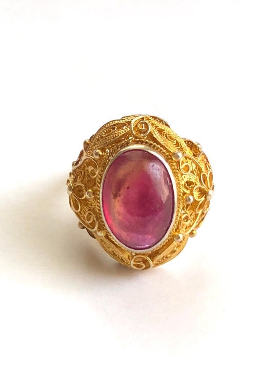 Ruby Ring, Vintage Oval Shaped Ruby Filigree Gold… - image 10