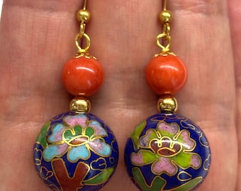 Chinese Cloisonne Earrings, Vintage Cloisonne Earrings, Enamel Earrings, Vintage Chinese Floral Cloisonné Bead 70's, Red Sea Bamboo Earrings