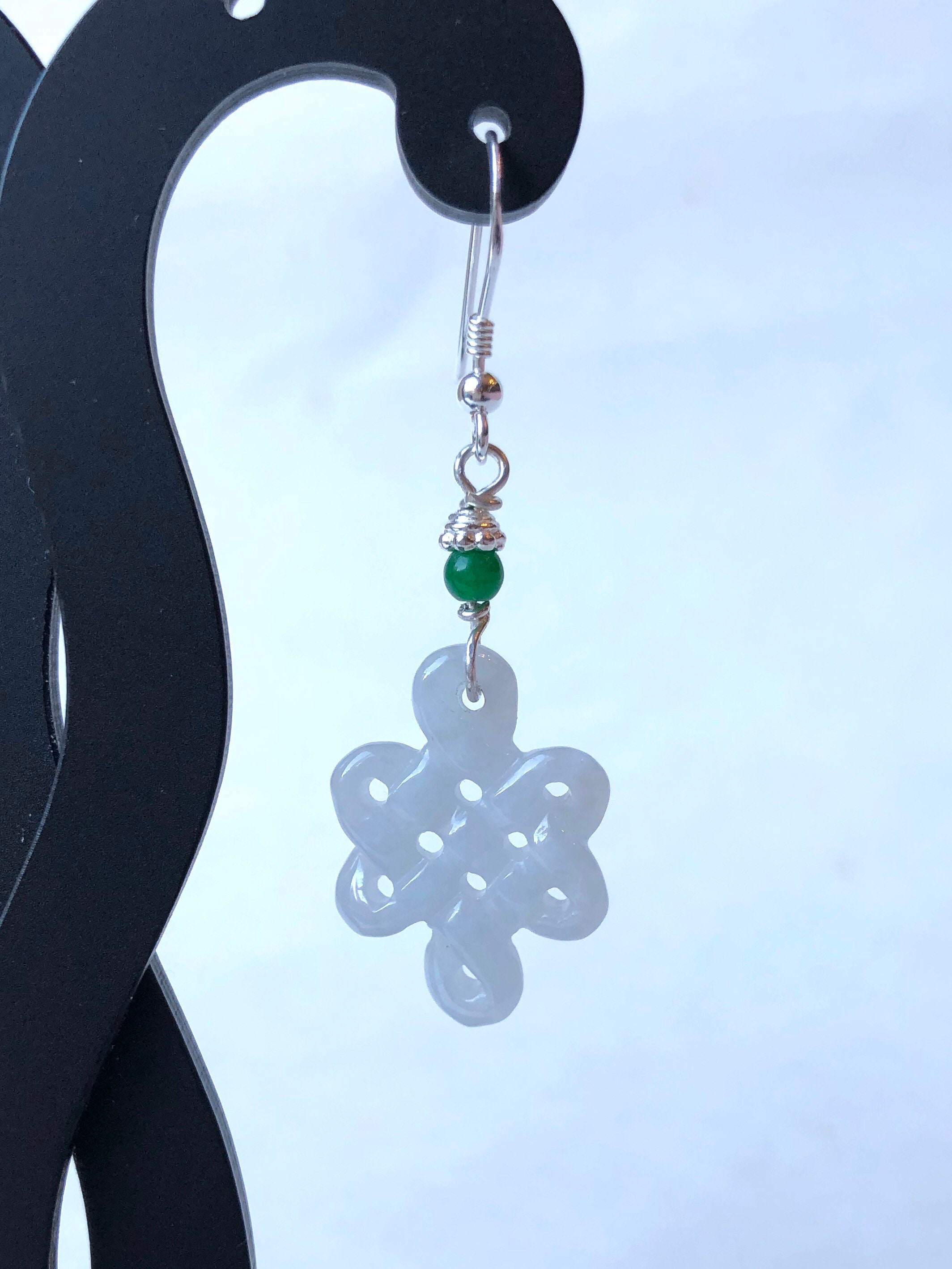 Jade Earrings, Carved Jade Endless Knot Earrings, Green Onyx