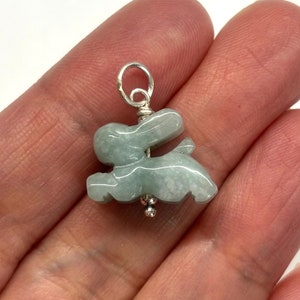 Carved Jade Rabbit Charm, Chinese Zodiac Jade Rabbit Pendant, Jade Bunny Pendant, Jade Bunny 925 Sterling Silver Pendant, Lucky Jade Charm