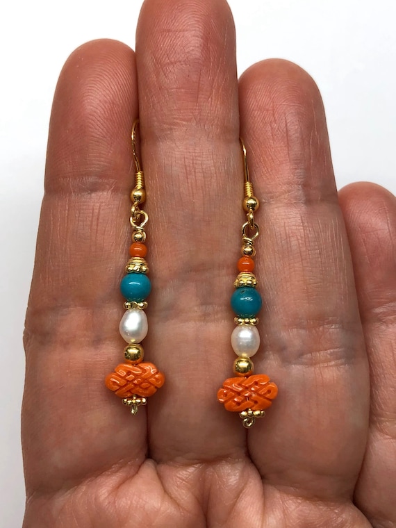 Coral Earrings Carved Coral Endless Knot Turquoise Earrings