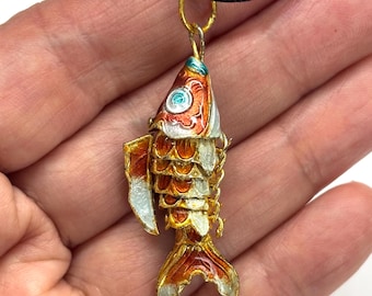 Good Luck Gold Fish Pendant, Movable Fish Pendant, Chinese Cloisonne Fish Pendant, Vintage Enamel Koi Fish Pendant 80s Black Cord Necklace