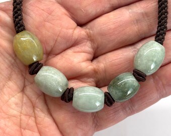 Jade Necklace, Green Jade Bead Necklace, Jade Barrel Necklace, Jade Bead Adjustable Brown Cord Necklace, Jade Jewellery, Chinese Necklace