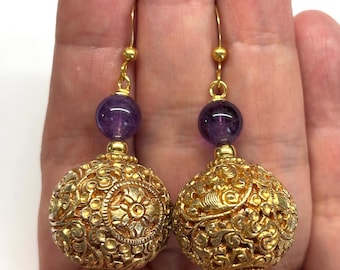 Nepal Earrings, Nepalese Earrings, Amethyst Earrings, Carved Nepalese Bead, Gold Violet, Purple Earrings, Bridal Earrings, Wedding Earrings