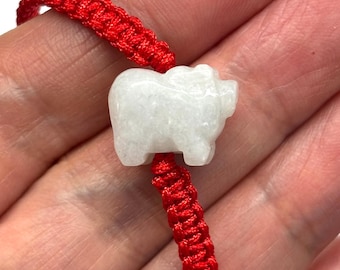 Jade Pig Bracelet, Chinese Lucky Bracelet, Chinese Good Luck Jade Pig Bracelet, Chinese Zodiac Carved Jade Pig Adjustable Red Cord Bracelet
